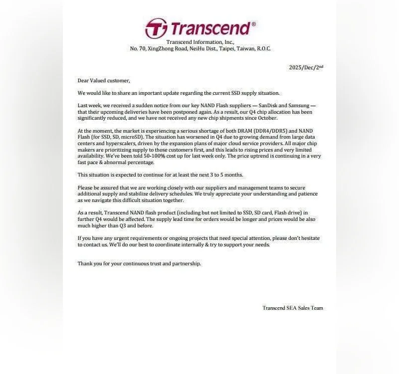 «Проблемы с поставками чипов: Transcend предупреждает о росте цен на SSD»